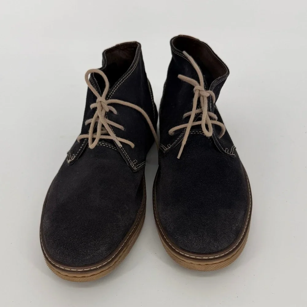 Johnston & Murphy Mens 12M Navy Suede Chukka Boots Brown Leather Trim 25-2047